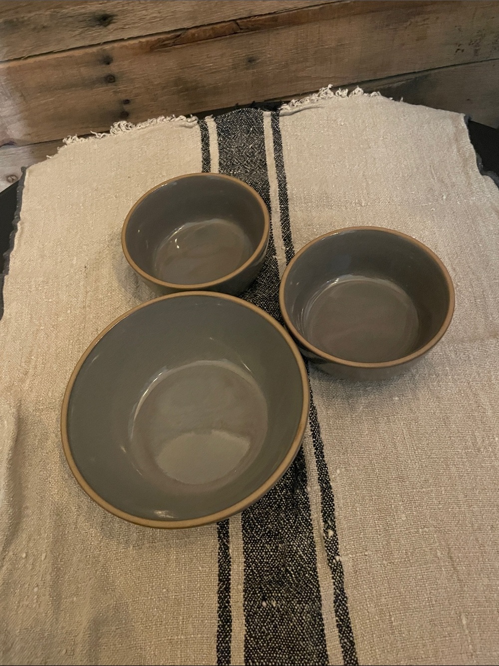 Hearth & Hand Gray stoneware Serving Bowl Set with Tan Rim - Set of 3.